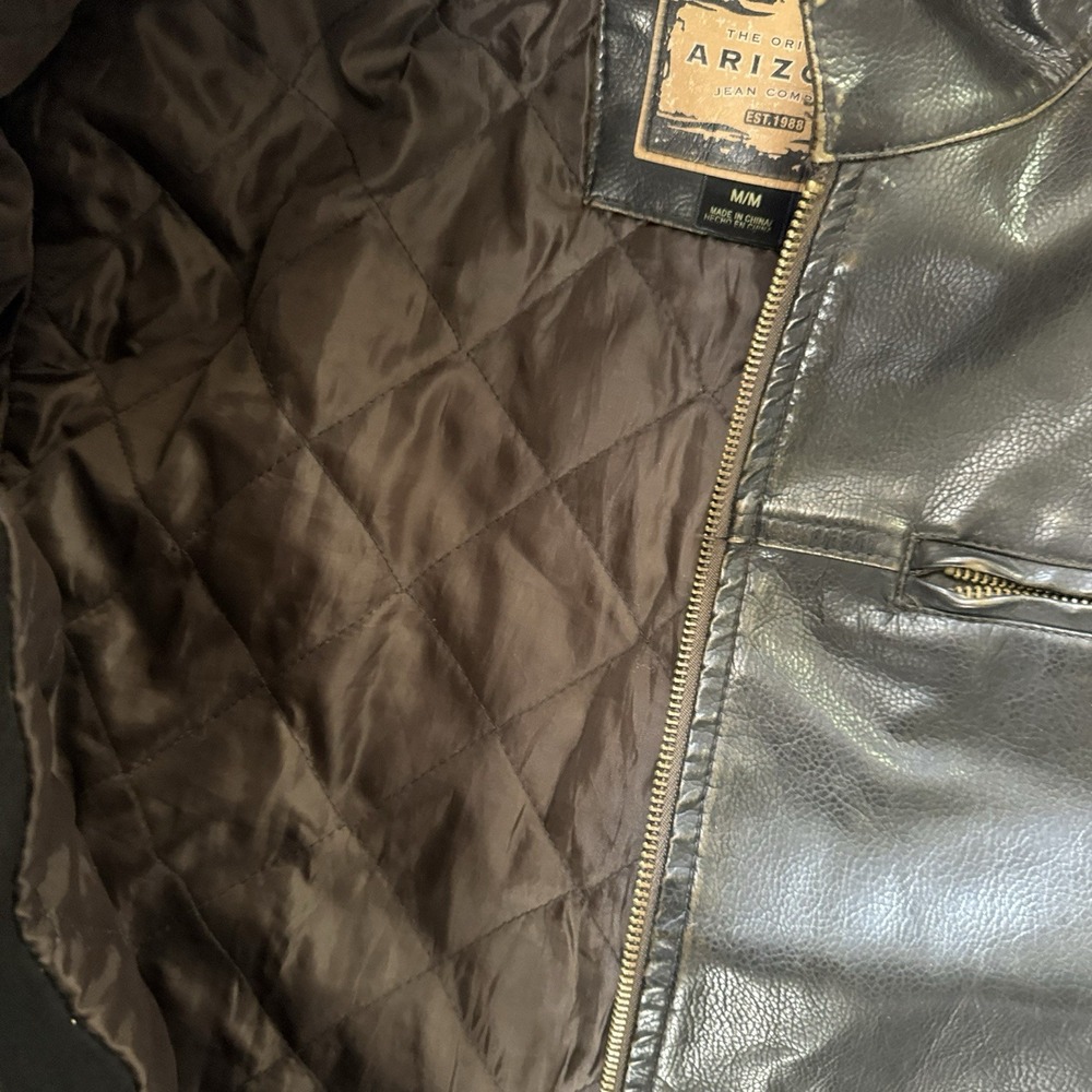 Vintage Arizona Faux Leather Jacket M Cafe Racer Moto Biker Striped Black Mens - Picture 5 of 8